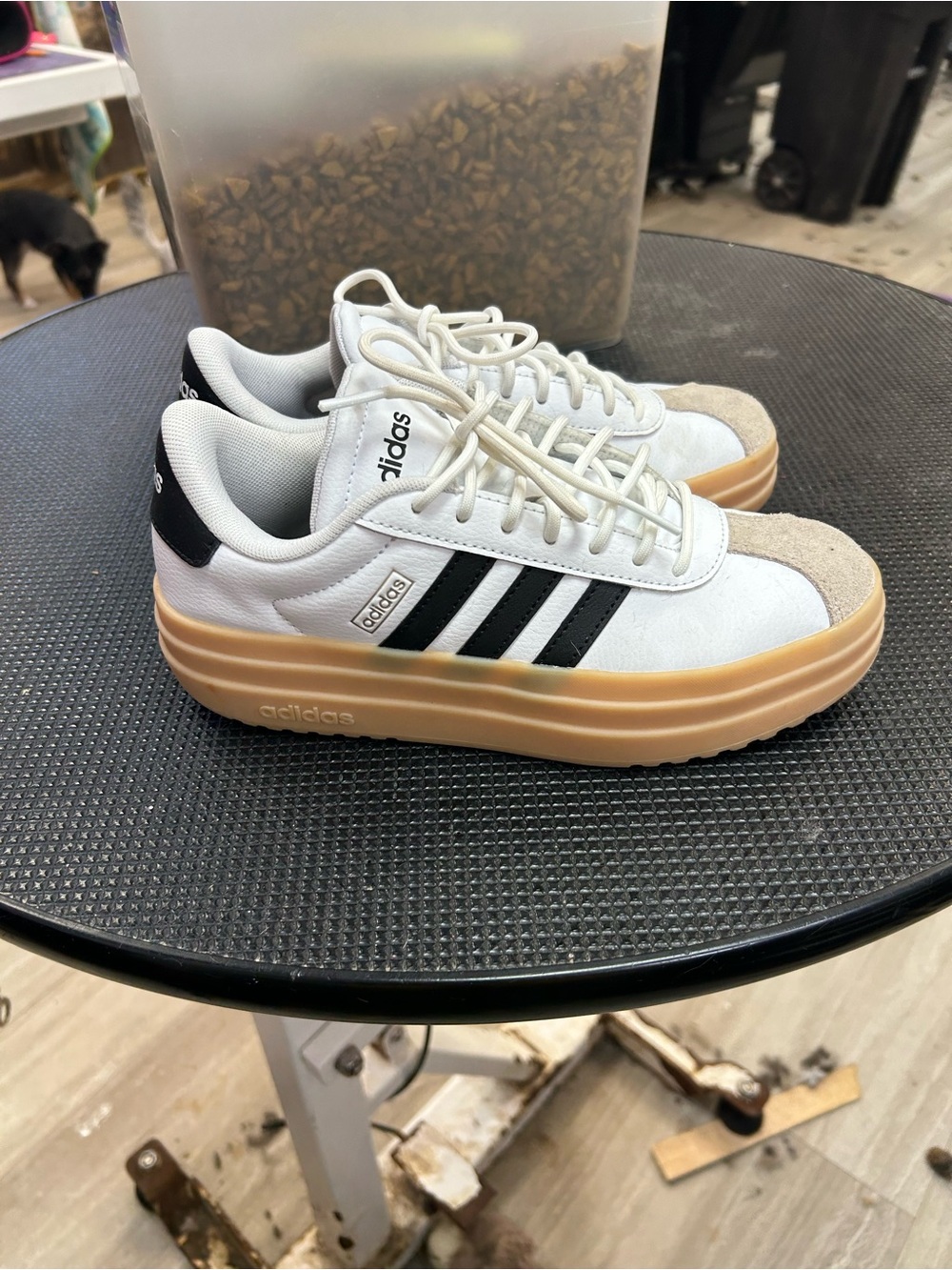 adidas White Sneakers with Black Stripes and Gum Platform Sole